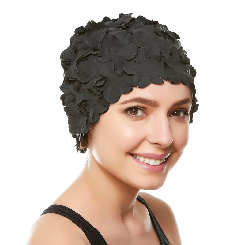 Beemo Latex Swim Cap - Women Stylish Swimming Cap Great for Ladies, Perfect to Keep Hair Dry - Suitable for Long Hair - Flowal Petal Vintage Style - Black - Image 1